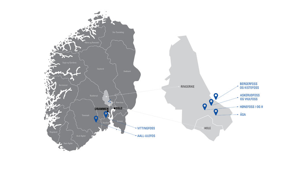 Kart over forsyningsområdet og kraftstasjonene våre